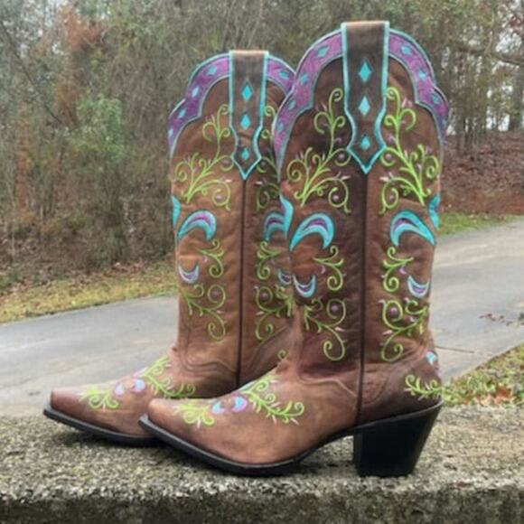 Sterling River Cowboy Boot Women 8.5 Brown Leather Blue/Purple/Green Embroidered - Picture 1 of 10